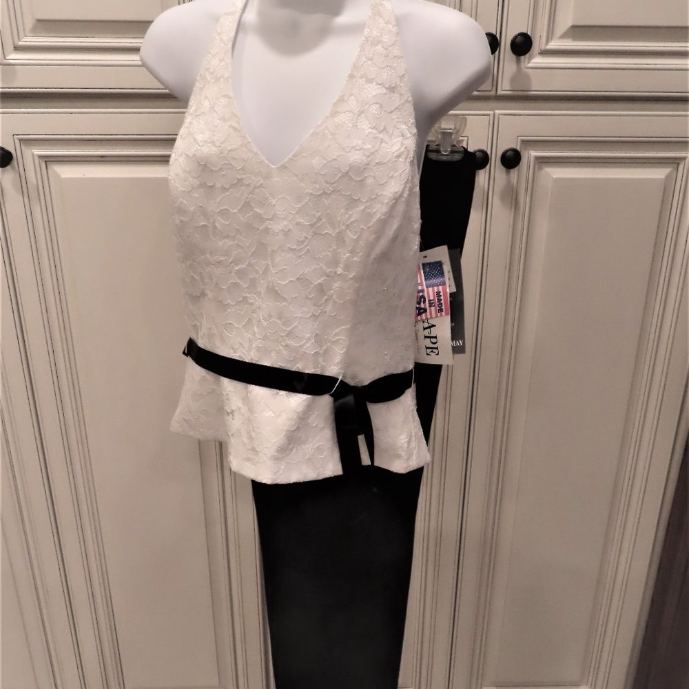New Xscape Designer Evening White Lace Halter Top w/ Black Pant Suit size 10
